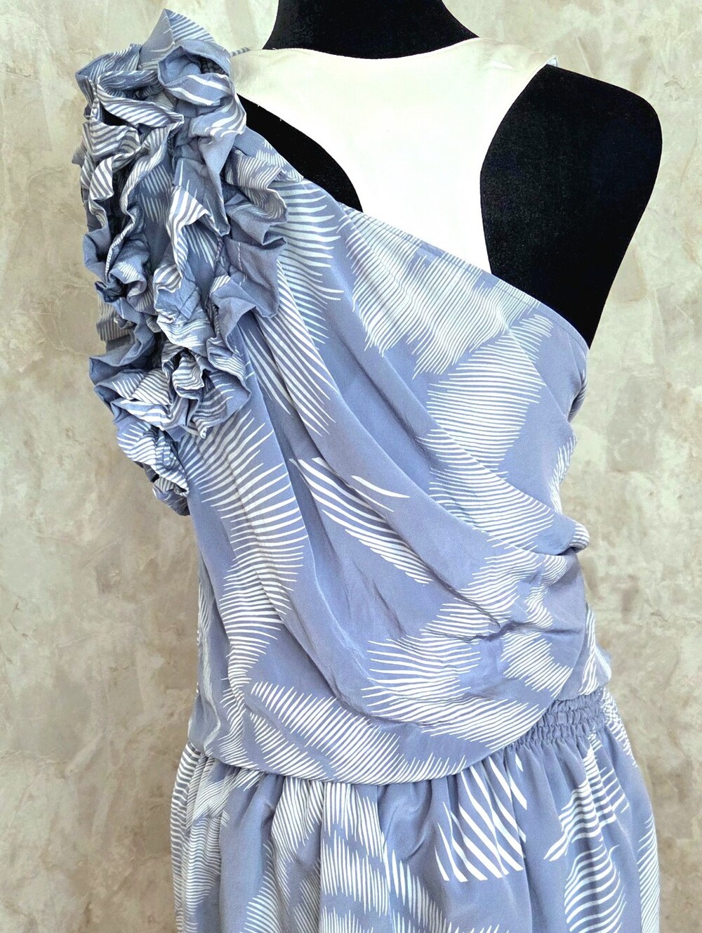 Robert Rodriguez Silk One Shoulder Dress Size 6 Blue White Ruffle Resort Vacatio - Picture 11 of 15